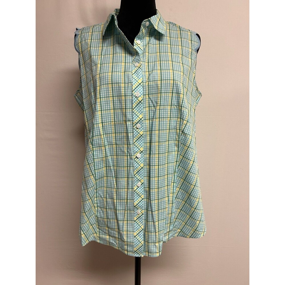 Talbots Womens Sz 14 No Iron Top Gingham Plaid Button Up Sleeveless Collared